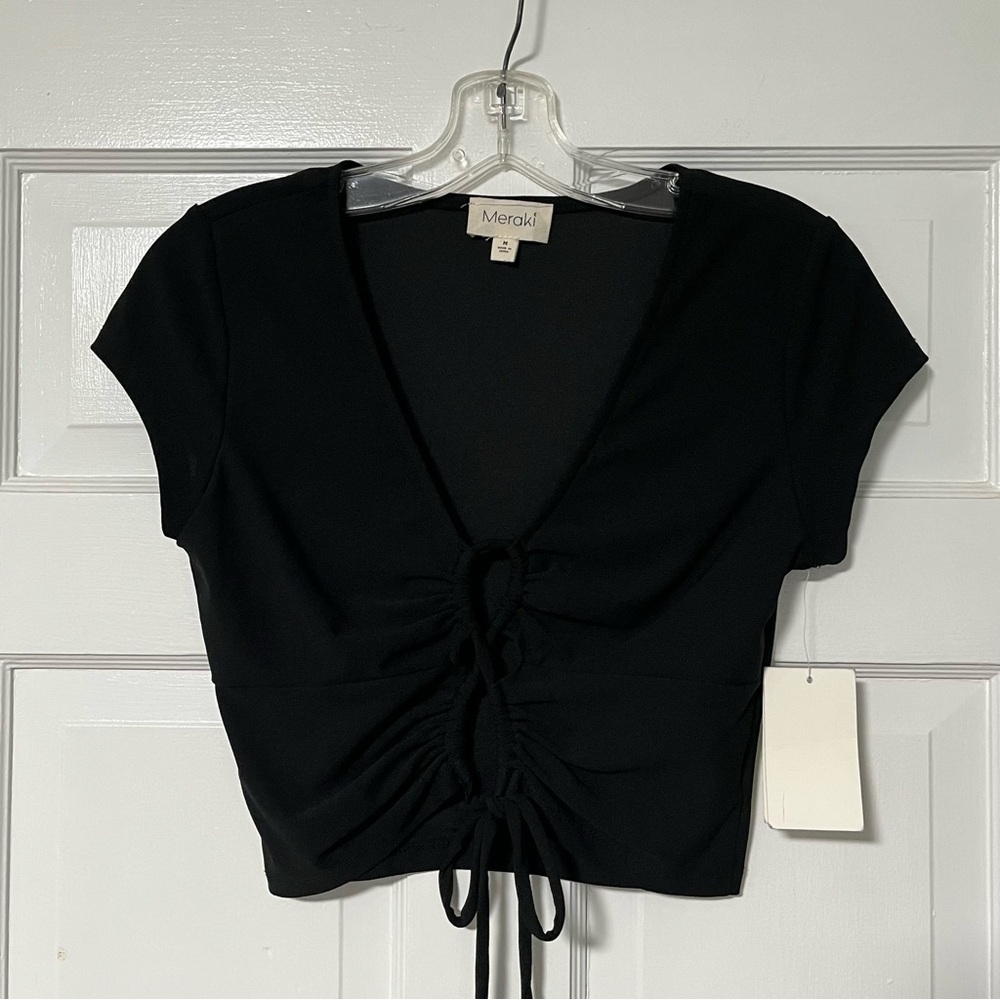 Meraki Black short-sleeve V-neck drawstring Ruched Crop Top